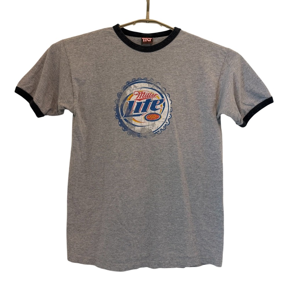 TNT Miller Lite Ringer T-Shirt Men Gray Black Bottle‎ Cap Beer Tee Medium Y2K